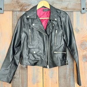 Love Tree Womens Large Black Faux Leather Moto Biker Jacket Red Lining